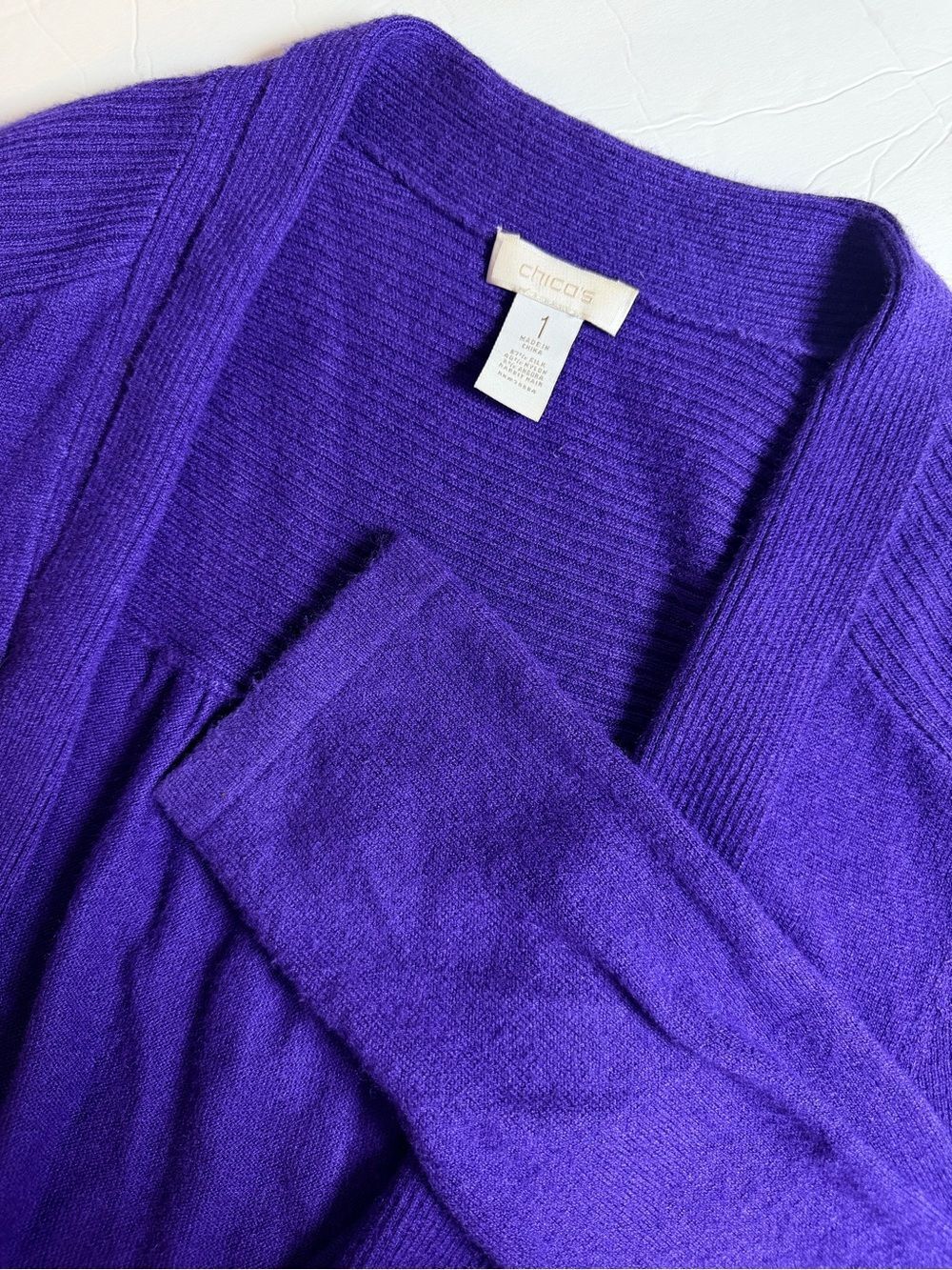 Chicos Ribbed Silk Open Front Cardigan Purple Size 1 Medium Angora Rabbit Hair